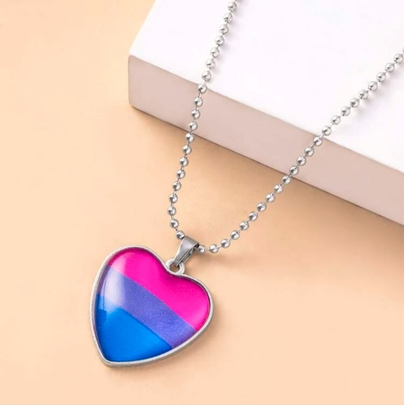 None Jewelry - Bisexual Pride Flag Heart Shaped Pendant And Chain LGBT Pride 🏳️‍🌈